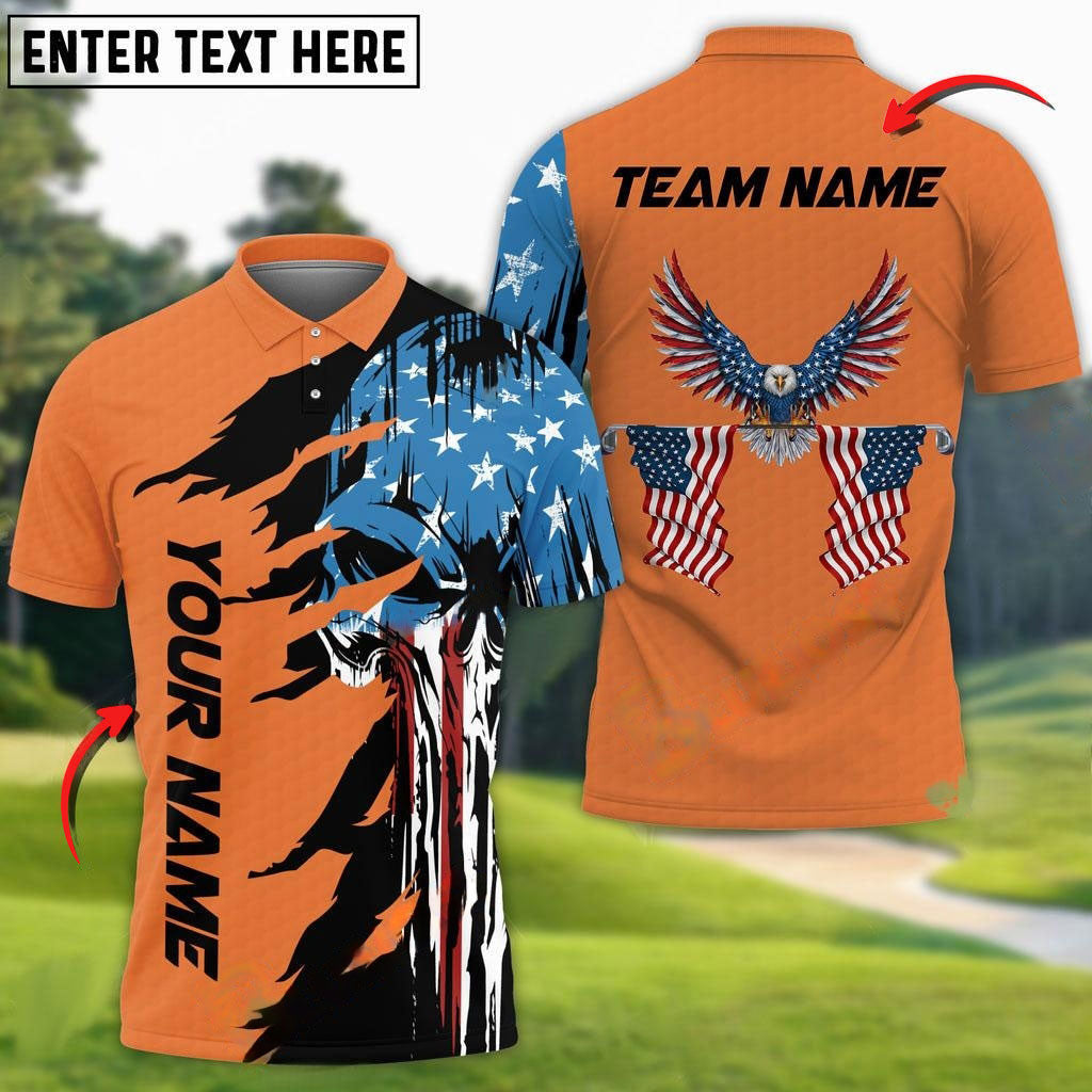Frenzidea Golf Skull US Flag Pattern Customized Name, Team Name 3D Shirts (4 Colors)