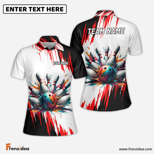 Frenzideas Bowling And Pins Black Red Customized Name 3D Shirt for Women