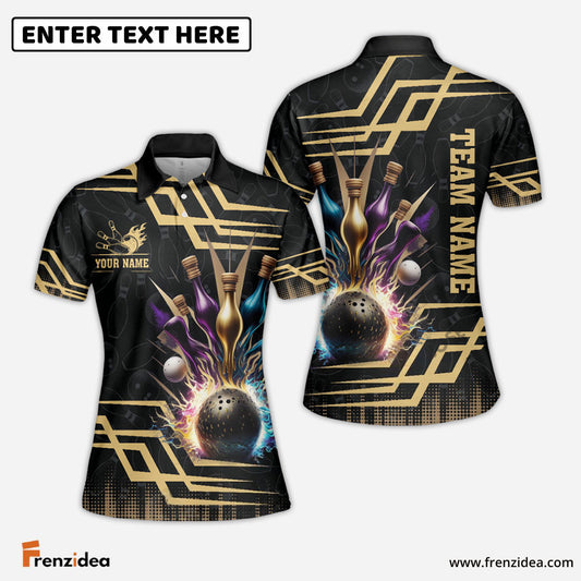 Frenzideas Bowling And Pins Royal Multicolor Option Customized Name 3D Shirt for Women (4 Colors)
