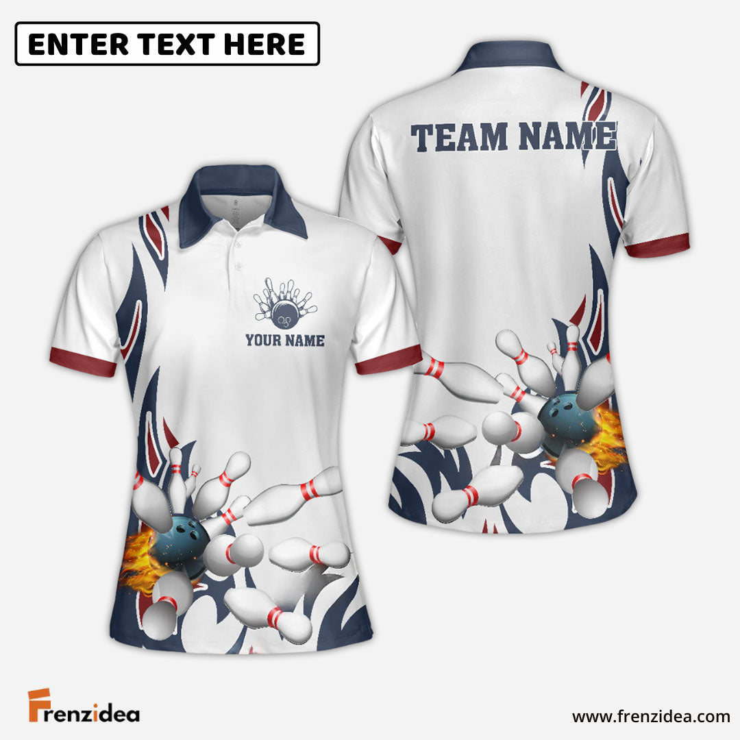 Frenzideas Fire Bowling And Pins Flame Pattern Multicolor Option Customized Name 3D Shirt for Women (4 Colors)