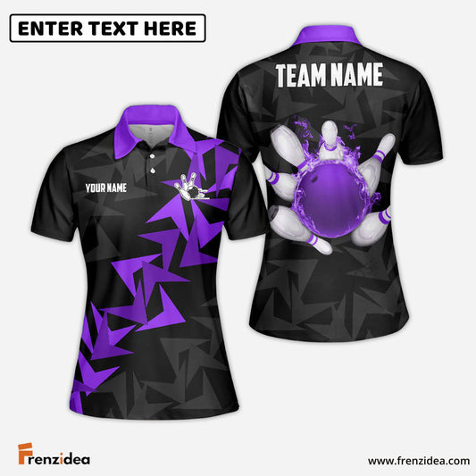 Frenzideas Bowling And Pins Fallen Leaves Pattern Customized Name 3D Shirt for Women (4 Colors)