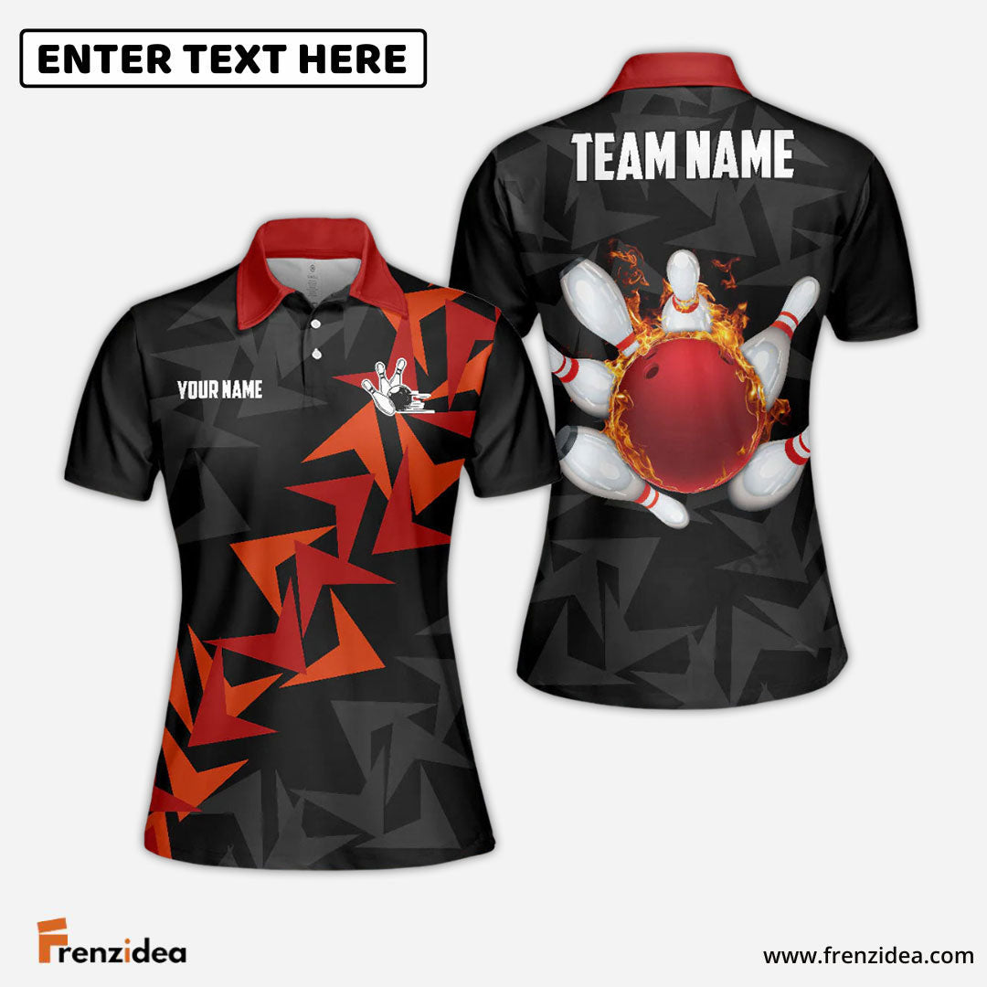 Frenzideas Bowling And Pins Fallen Leaves Pattern Customized Name 3D Shirt for Women (4 Colors)
