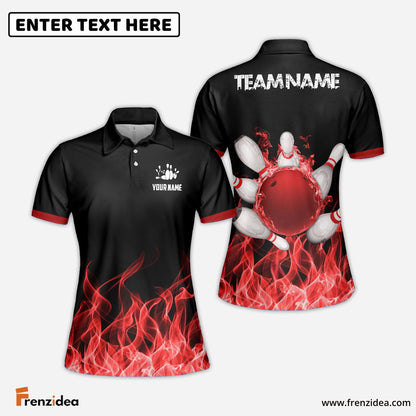 Frenzideas Bowling And Pins Ink Fire Pattern Customized Name 3D Shirt for Women (4 Colors)