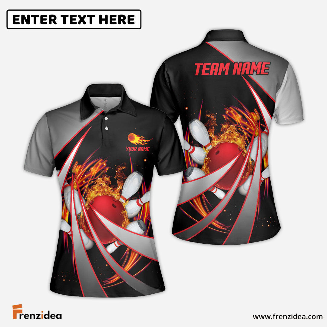 Frenzideas Flame Bowling And Pins Tornado Pattern Multicolor Customized Name 3D Shirt for Women