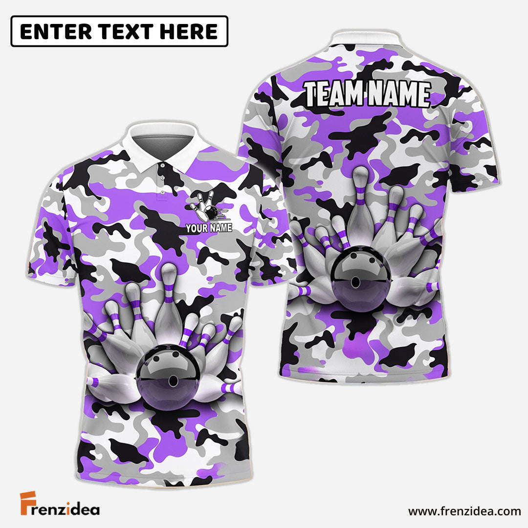 Frenzideas Bowling And Pins Color Camo Pattern Customized Name, Team Name 3D Shirt (4 Colors)