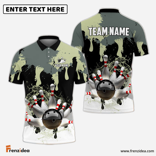 Frenzideas Bowling and Pins Camo Ink Pattern Customized Name, Team Name 3D Shirt