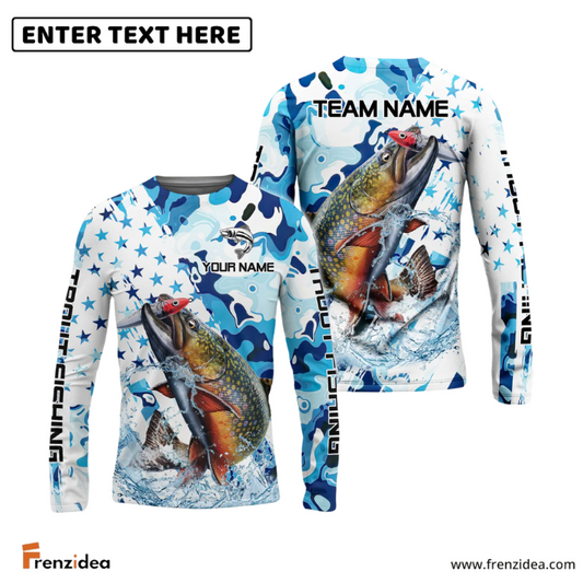Frenzidea Trout Fishing Blue White American Flag Custom Name & Team Name 3D Shirts