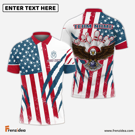 Frenzideas US Flag Eagle Bowling and Pins Customized Name, Team Name 3D Shirt