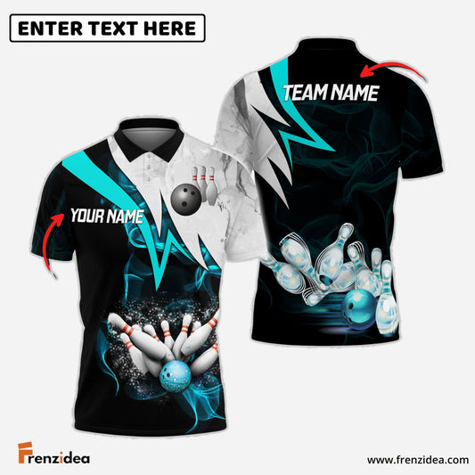 Frenzidea Cyan Smoke Pattern Bowling And Pins Premium Customized Name 3D Shirt