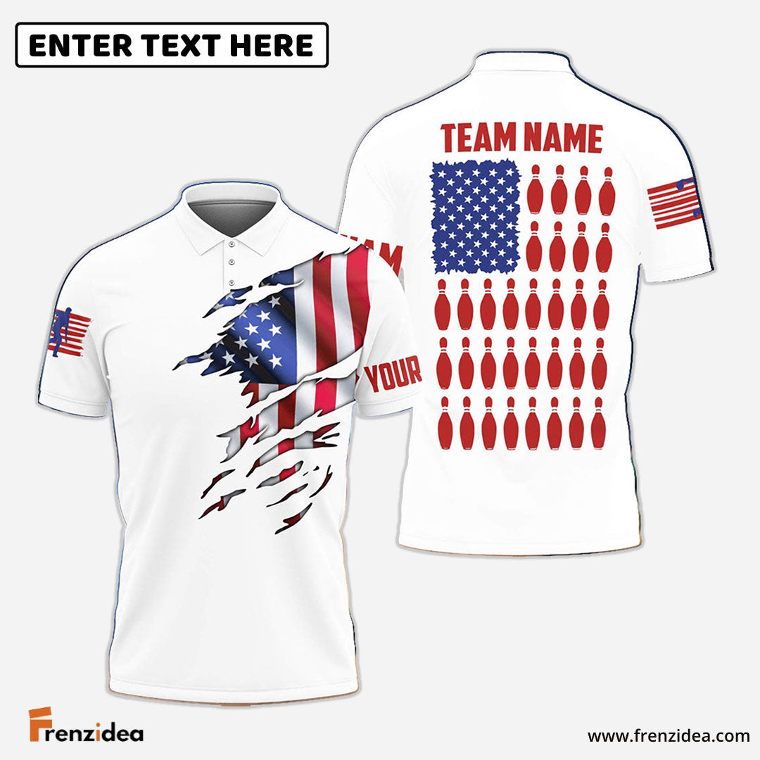 Frenzidea White American Flag Bowling Pins Customized Name, Team Name 3D Shirt