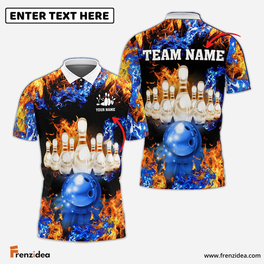 Frenzidea Red And Blue Flame Bowling and Pins Lightning Personalized Name 3D Shirt