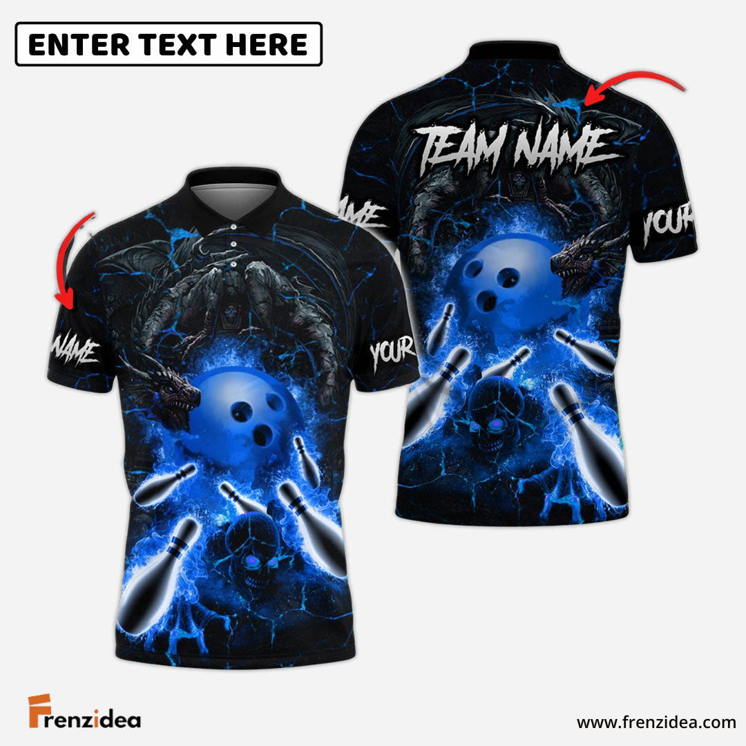 Frenzidea Bowling And Pins Dragon And Skull Multicolor Customized Name 3D Shirt ( 4 Colors )
