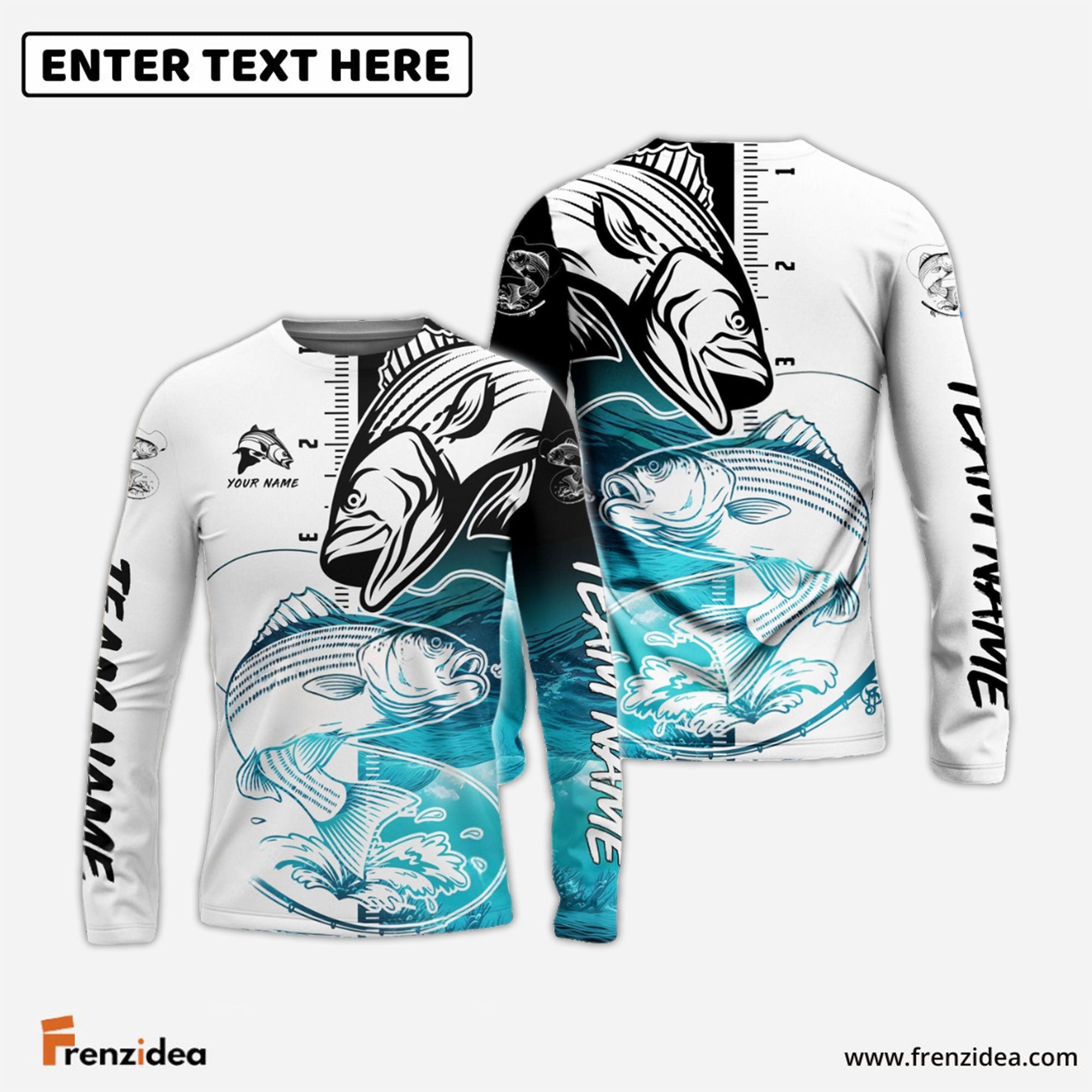 Frenzidea Striped Bass Fishing White Blue Water Custom Name & Team Name 3D Shirts