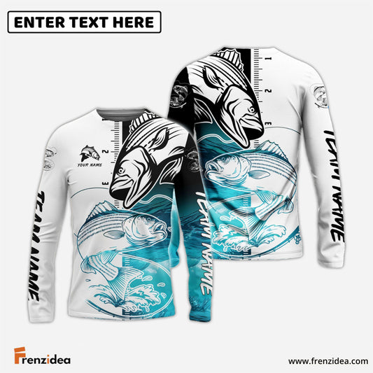 Frenzidea Striped Bass Fishing White Blue Water Custom Name & Team Name 3D Shirts