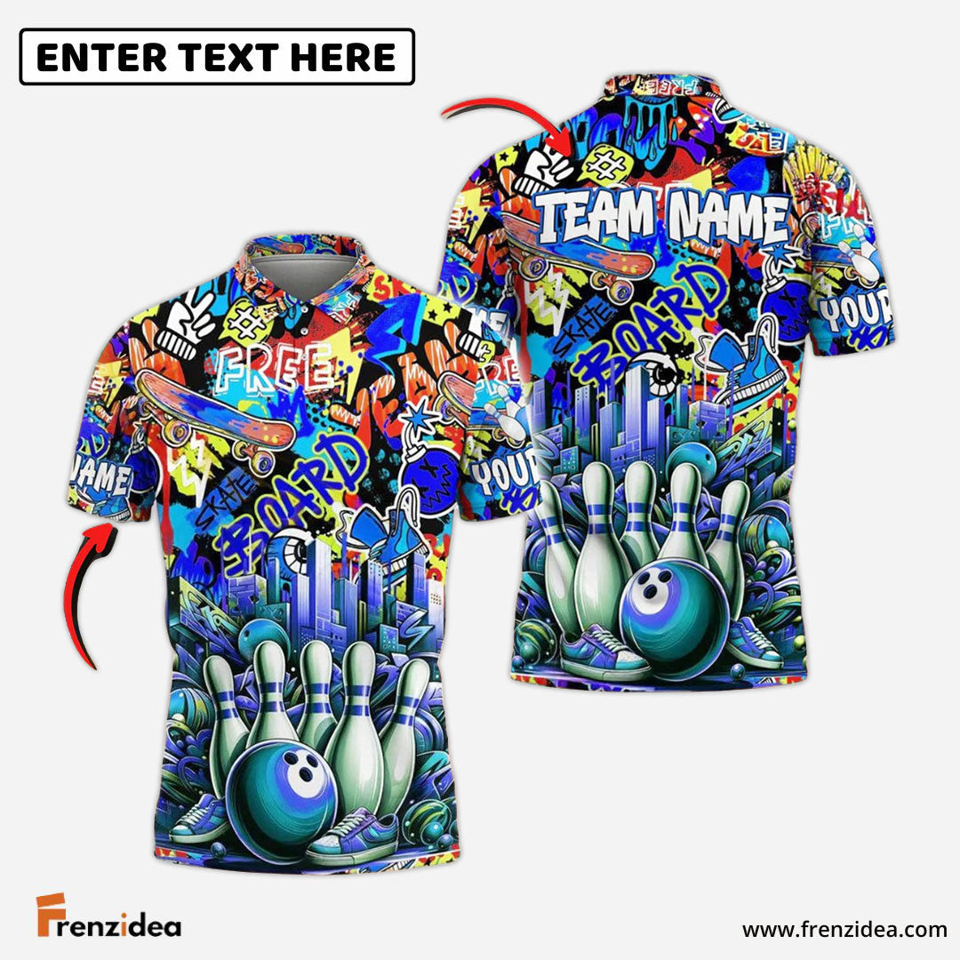 Frenzidea Bowling And Pins Graffiti Pattern Customized Name, Team Name 3D Shirt (4 Colors)