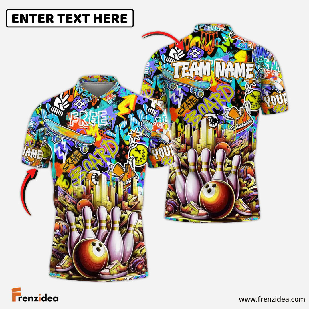 Frenzidea Bowling And Pins Graffiti Pattern Customized Name, Team Name 3D Shirt (4 Colors)