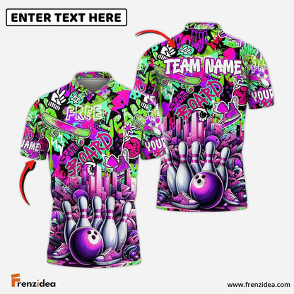 Frenzidea Bowling And Pins Graffiti Pattern Customized Name, Team Name 3D Shirt (4 Colors)