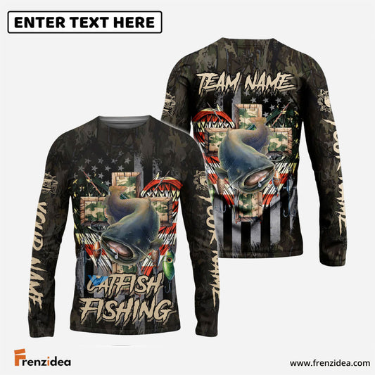 Frenzidea Catfish Fishing American Flag Camo Cross Gear Custom Name & Team Name 3D Shirts