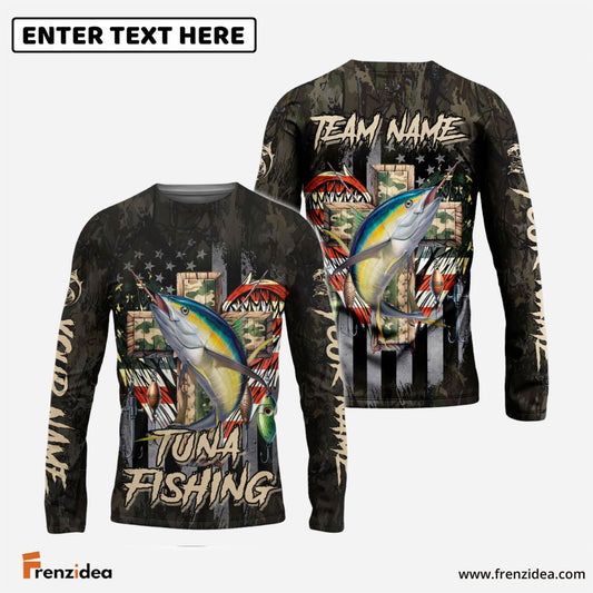 Frenzidea Tuna Fishing American Flag Camo Cross Gear Custom Name & Team Name 3D Shirts