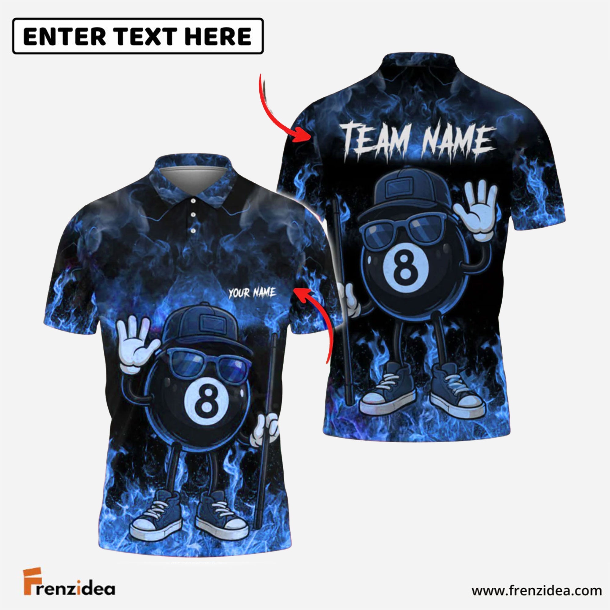 Frenzidea Billiards Ball 8 Cool Vibes Urban Style Flame Smoke Personalized Name & Team Name Shirt (4 Colors)