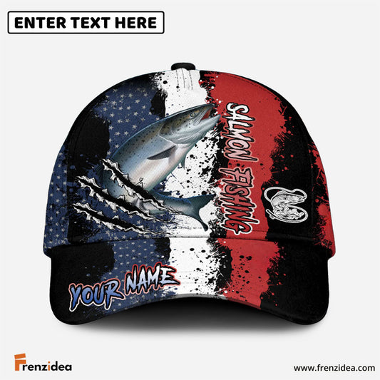 Frenzidea Salmon Fishing Paint Scratch American Flag Personalized Cap