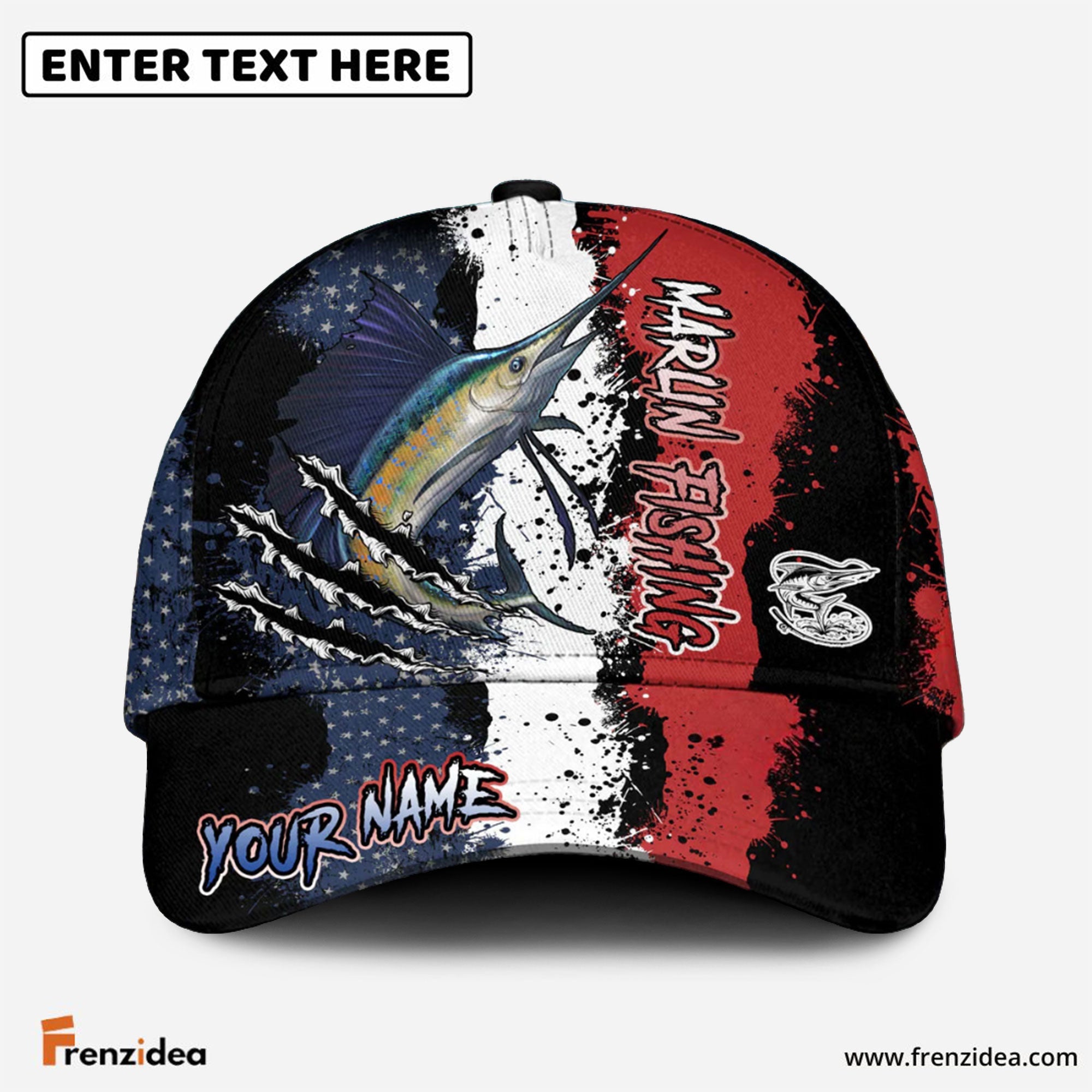 Frenzidea Marlin Fishing Paint Scratch American Flag Personalized Cap