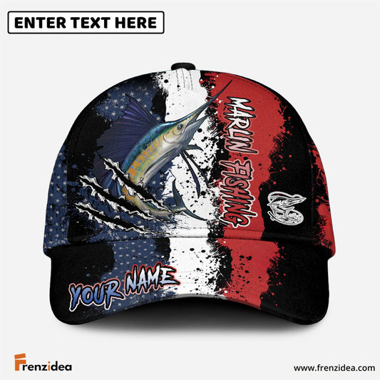 Frenzidea Marlin Fishing Paint Scratch American Flag Personalized Cap