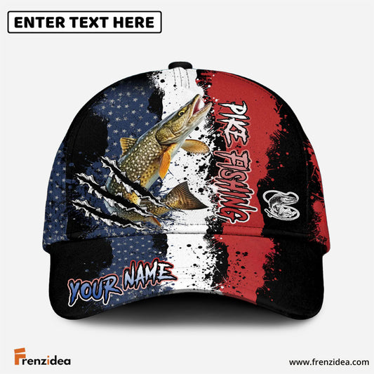 Frenzidea Pike Fishing Paint Scratch American Flag Personalized Cap