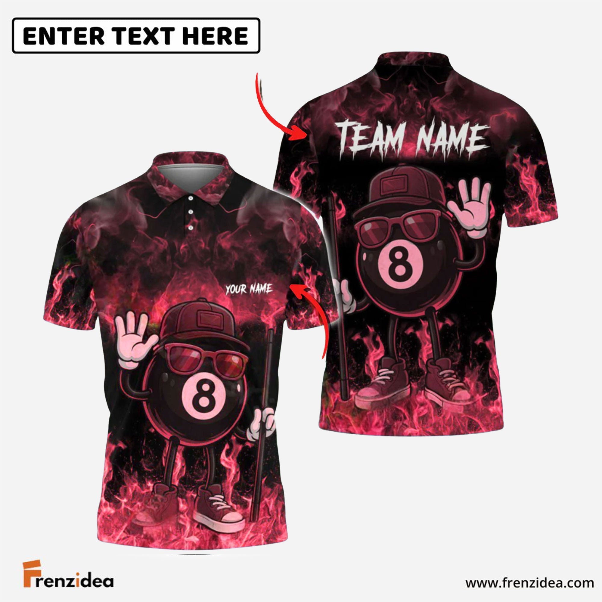 Frenzidea Billiards Ball 8 Cool Vibes Urban Style Flame Smoke Personalized Name & Team Name Shirt (4 Colors)