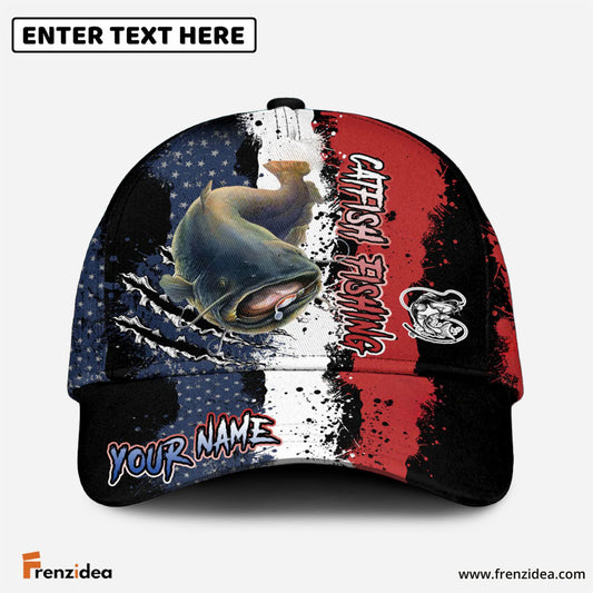 Frenzidea Catfish Fishing Paint Scratch American Flag Personalized Cap