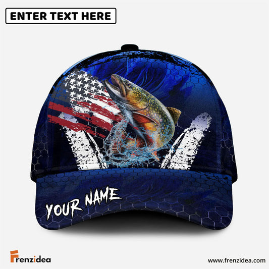 Frenzidea Trout Fishing Dark Blue Scratch American Flag Personalized Cap