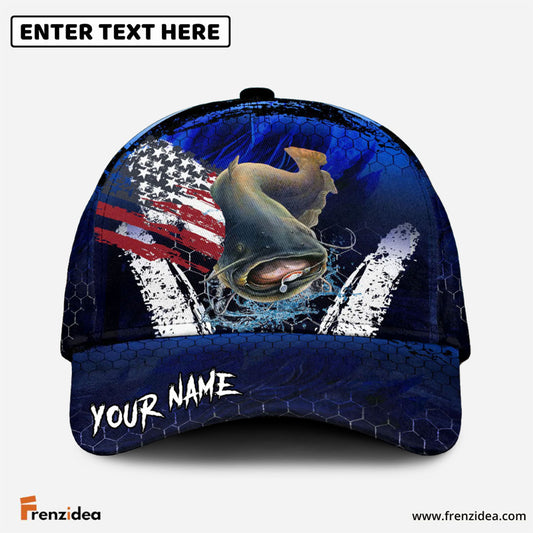Frenzidea Catfish Fishing Dark Blue Scratch American Flag Personalized Cap