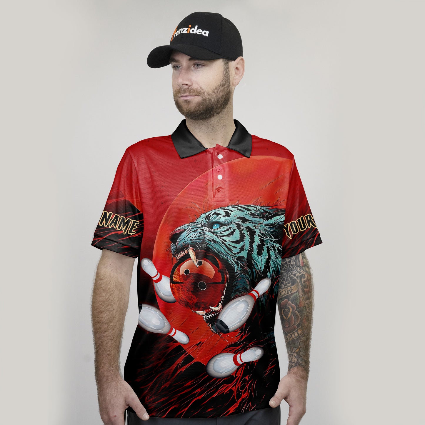 Frenzidea Tiger Bowling and Pins Personalized Name, Team Name 3D Shirt (4 Colors)