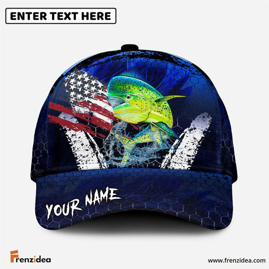 Frenzidea Mahimahi Fishing Dark Blue Scratch American Flag Personalized Cap