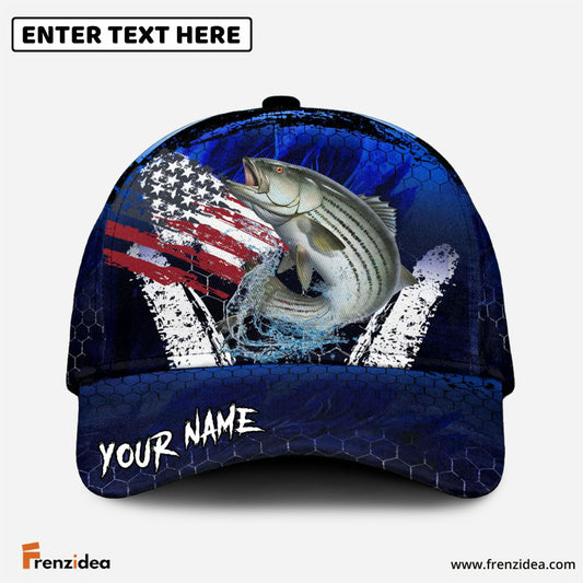 Frenzidea Striped Bass Fishing Dark Blue Scratch American Flag Personalized Cap