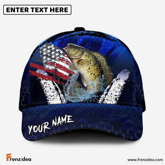 Frenzidea Crappie Fishing Dark Blue Scratch American Flag Personalized Cap