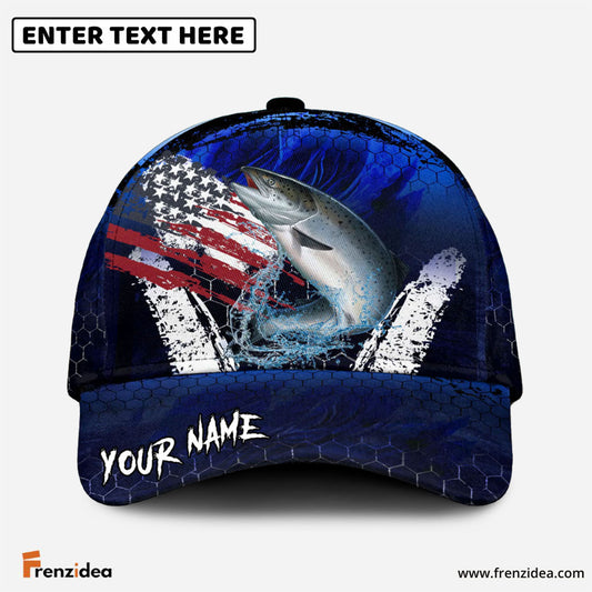 Frenzidea Salmon Fishing Dark Blue Scratch American Flag Personalized Cap