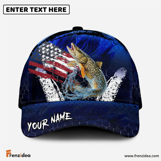 Frenzidea Pike Fishing Dark Blue Scratch American Flag Personalized Cap
