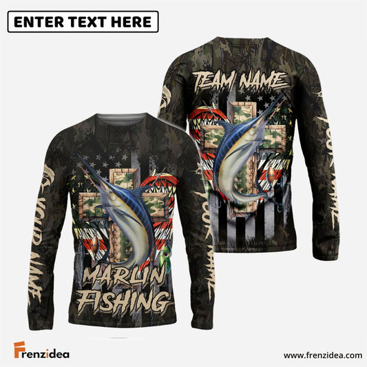 Frenzidea Marlin Fishing American Flag Camo Cross Gear Custom Name & Team Name 3D Shirts