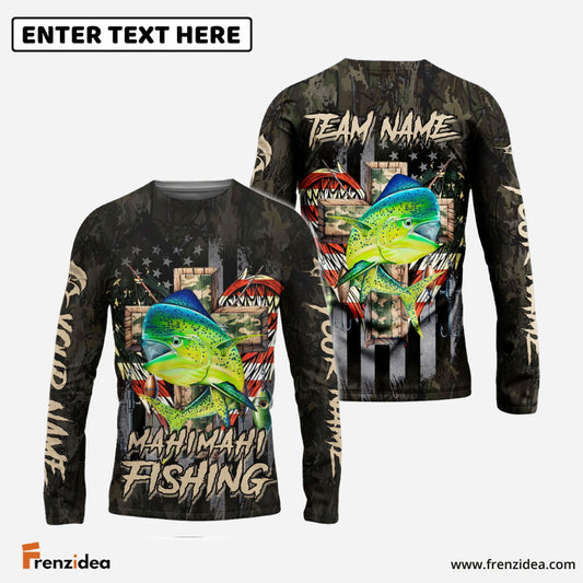 Frenzidea Mahi-mahi Fishing American Flag Camo Cross Gear Custom Name & Team Name 3D Shirts