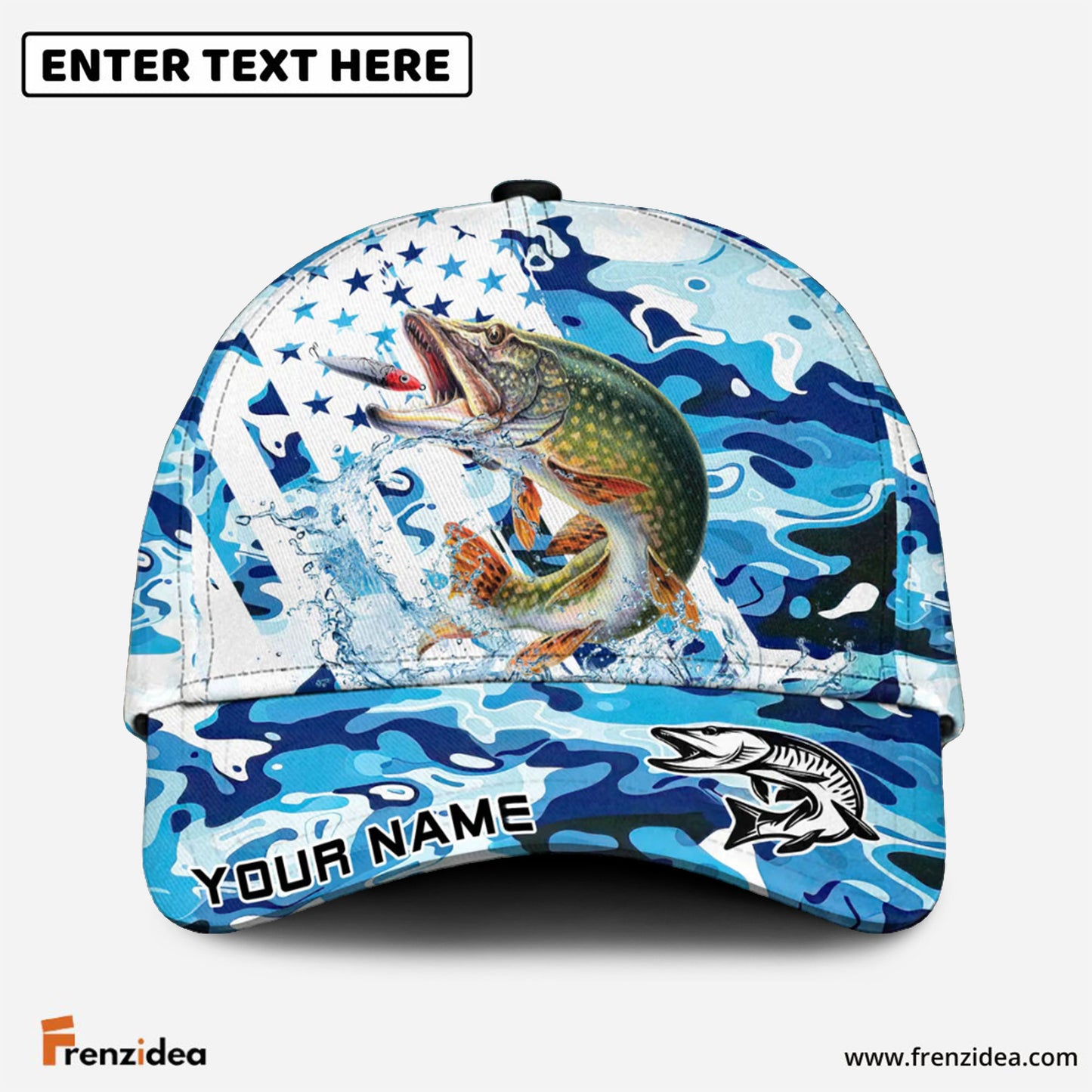 Frenzidea Pike Fishing Blue White American Flag Personalized Cap