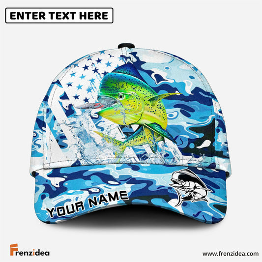 Frenzidea Mahimahi Fishing Blue White American Flag Personalized Cap