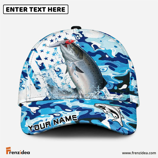 Frenzidea Salmon Fishing Blue White American Flag Personalized Cap