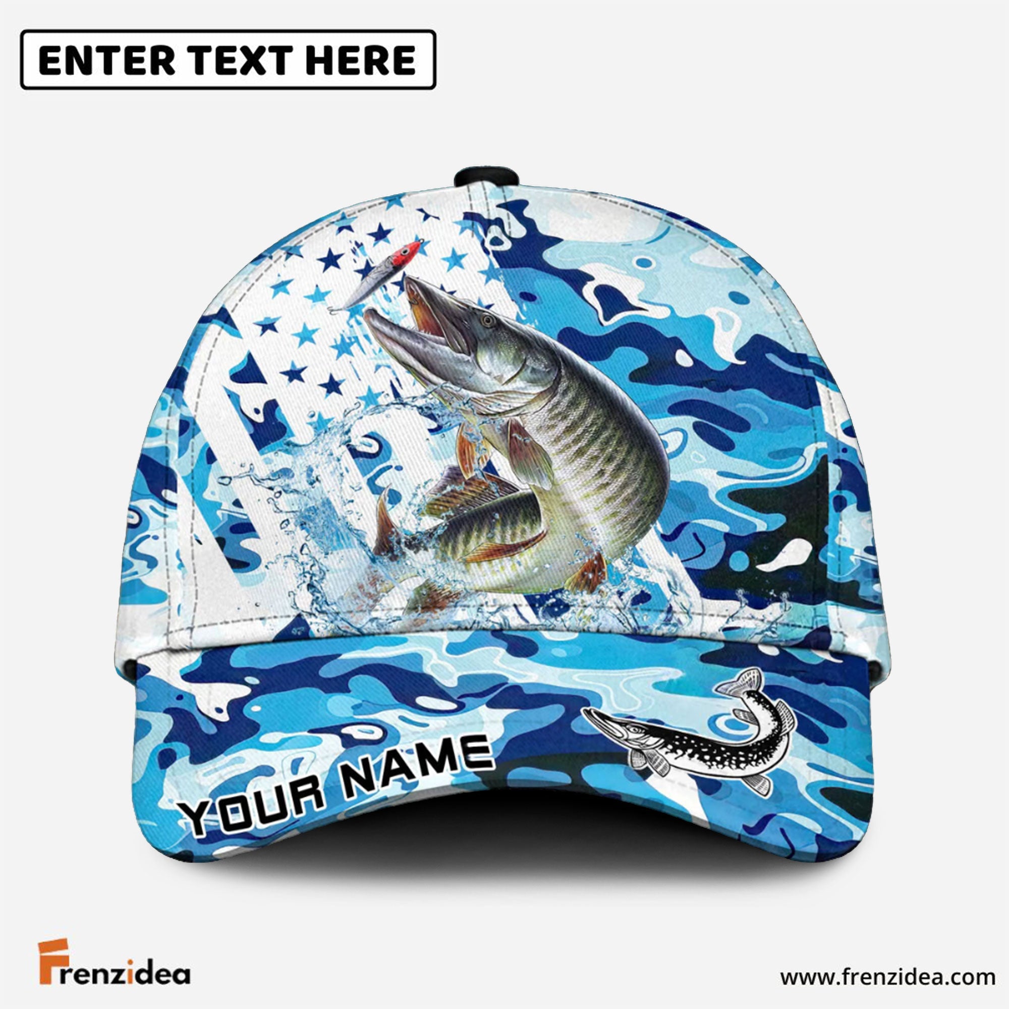 Frenzidea Musky Fishing Blue White American Flag Personalized Cap
