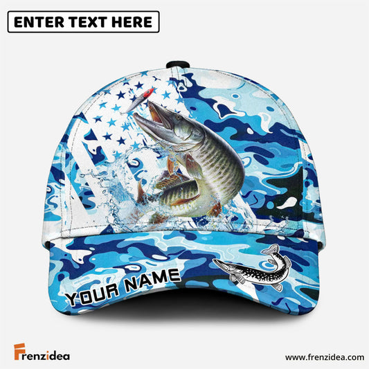 Frenzidea Musky Fishing Blue White American Flag Personalized Cap