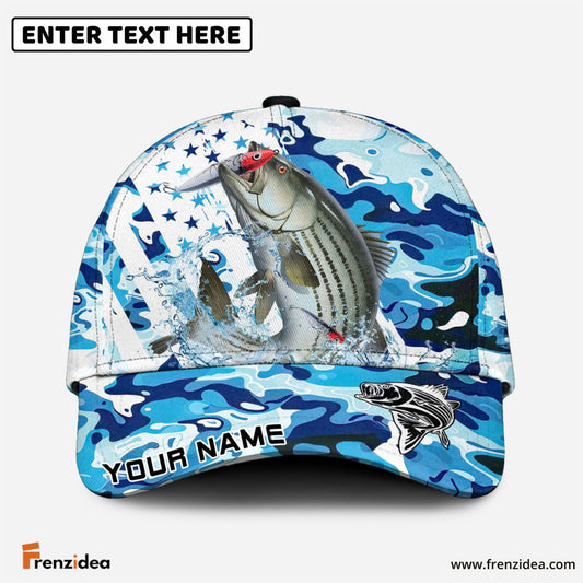 Frenzidea Striped Bass Fishing Blue White American Flag Personalized Cap