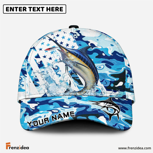 Frenzidea Marlin Fishing Blue White American Flag Personalized Cap