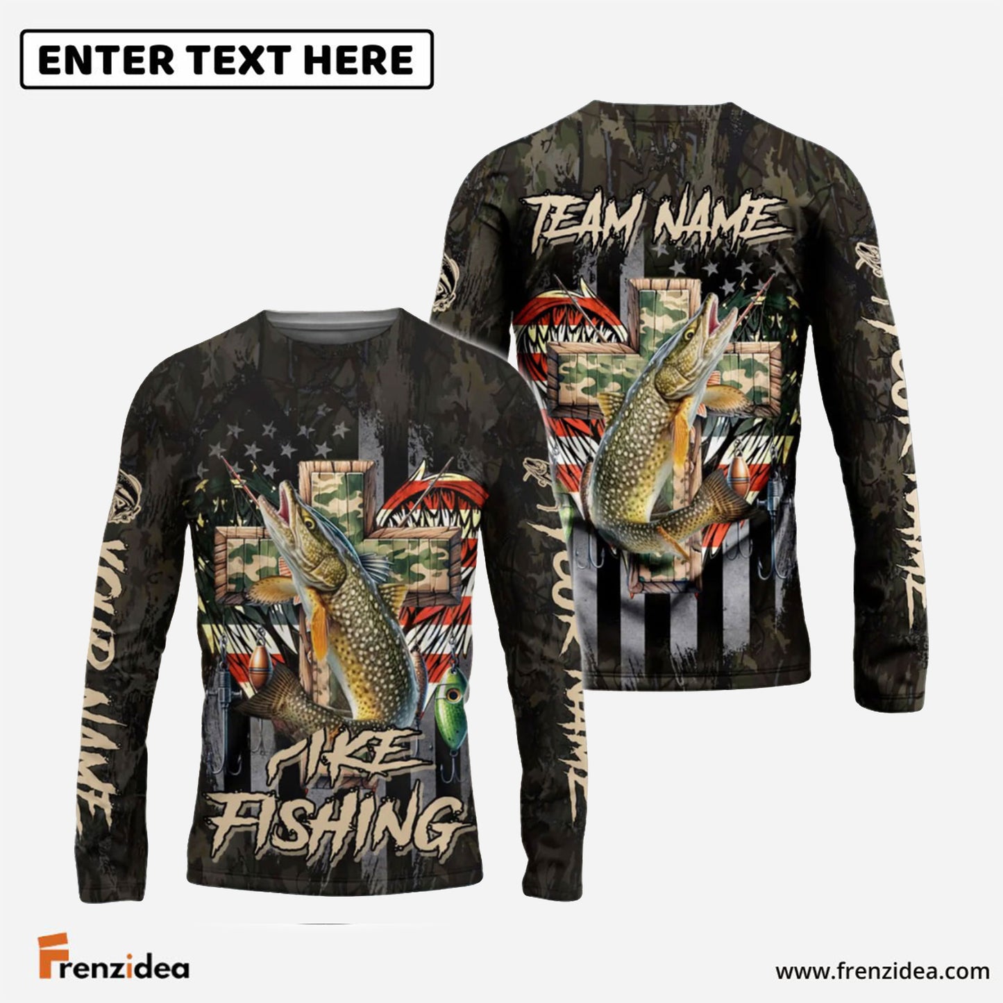 Frenzidea Pike Fishing American Flag Camo Cross Gear Custom Name & Team Name 3D Shirts