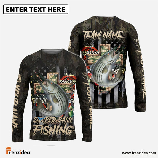 Frenzidea Striped Bass Fishing American Flag Camo Cross Gear Custom Name & Team Name 3D Shirts