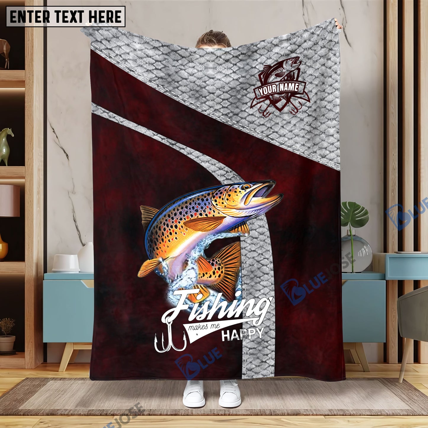 Frenzidea Custom Name Trout Fishing Red Blanket